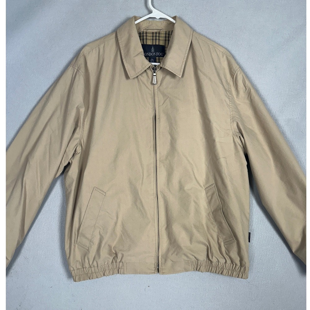 London Fog Jacket Mens Large Harrington Tan Plaid Lined Full Zip Classic Casual